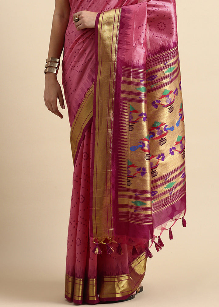 Neon Pink Bandhani Paithani Silk Saree with Exquisite Zari Pallu