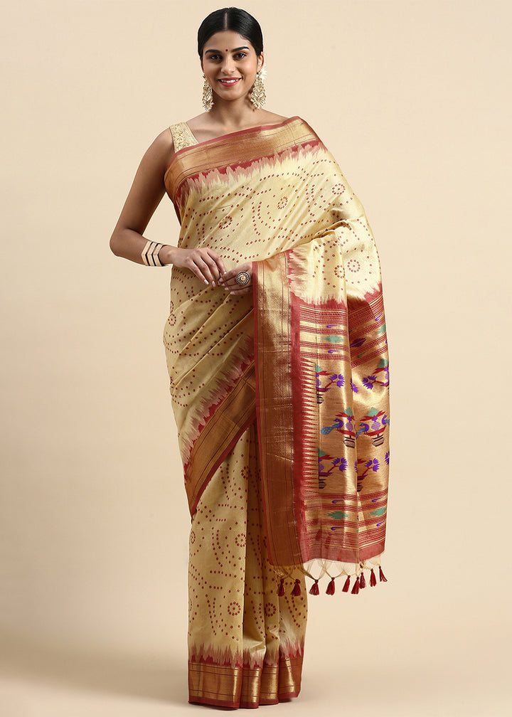 Cream White Bandhani Paithani Silk Saree with Exquisite Zari Pallu