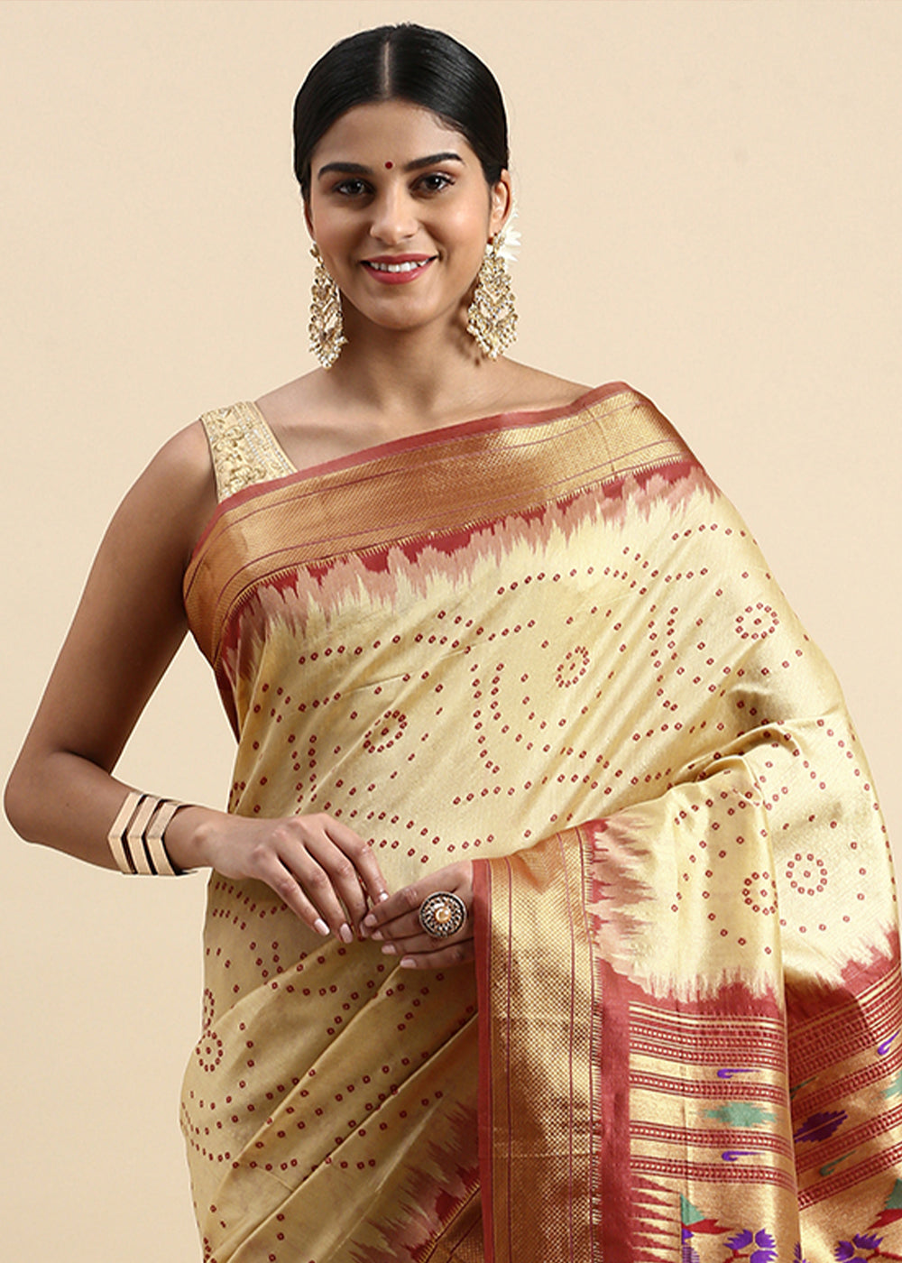 Cream White Bandhani Paithani Silk Saree with Exquisite Zari Pallu