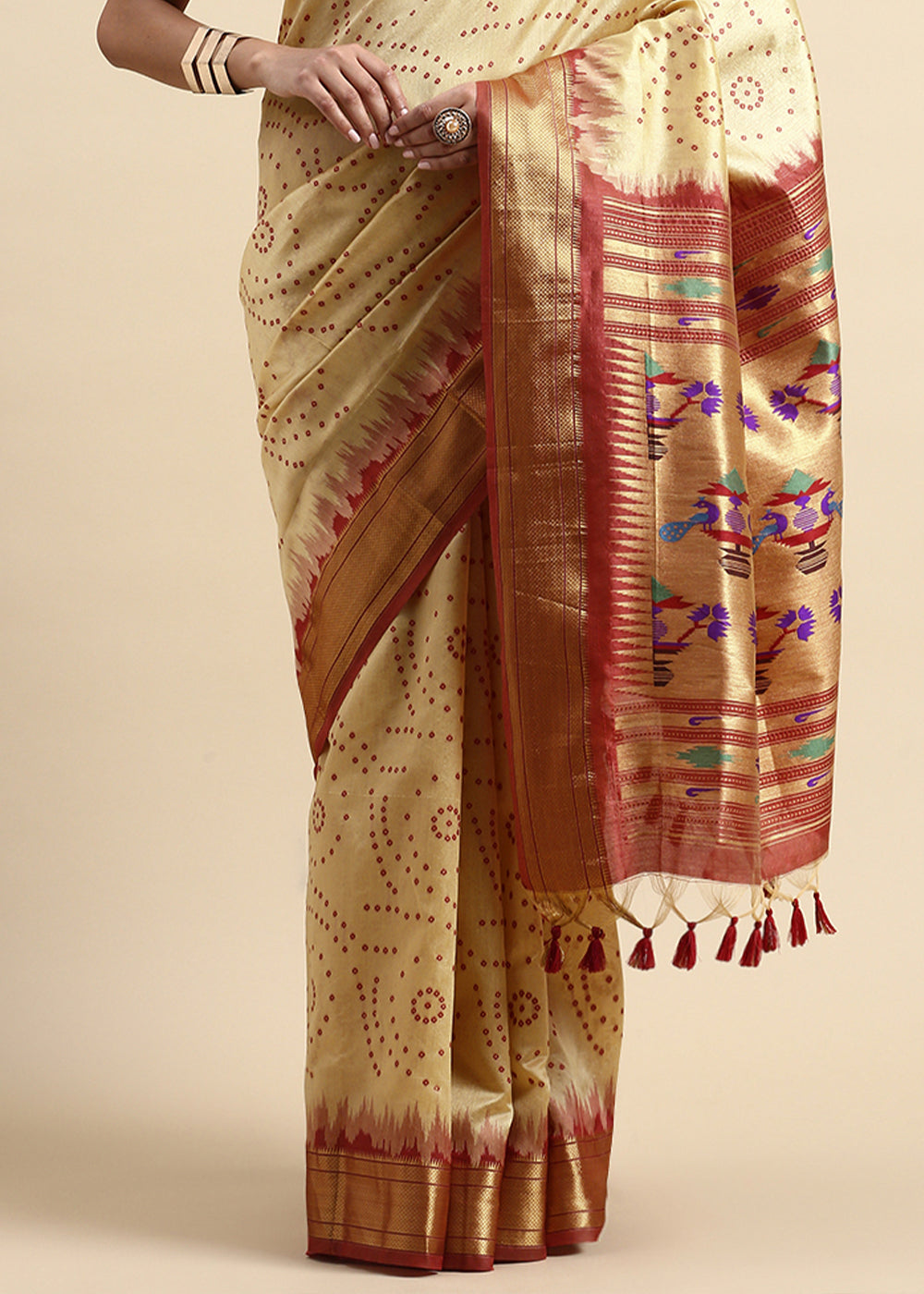 Cream White Bandhani Paithani Silk Saree with Exquisite Zari Pallu