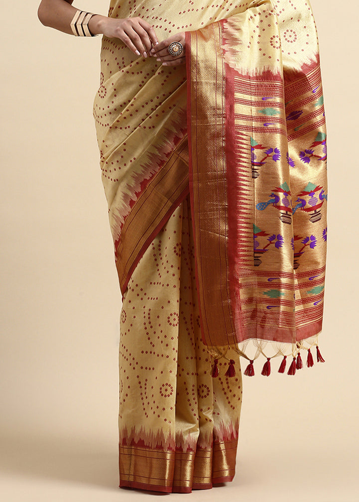 Cream White Bandhani Paithani Silk Saree with Exquisite Zari Pallu