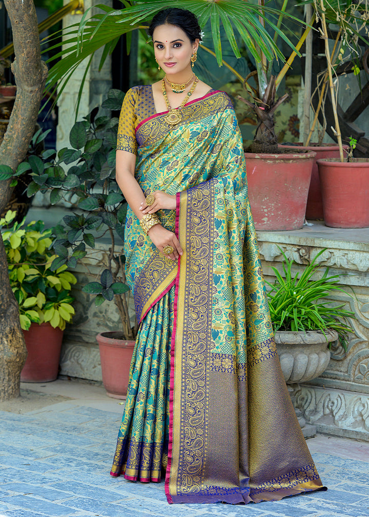 Shades of Blue Kanjivaram Silk Saree Featuring All-Over Zari Weaving