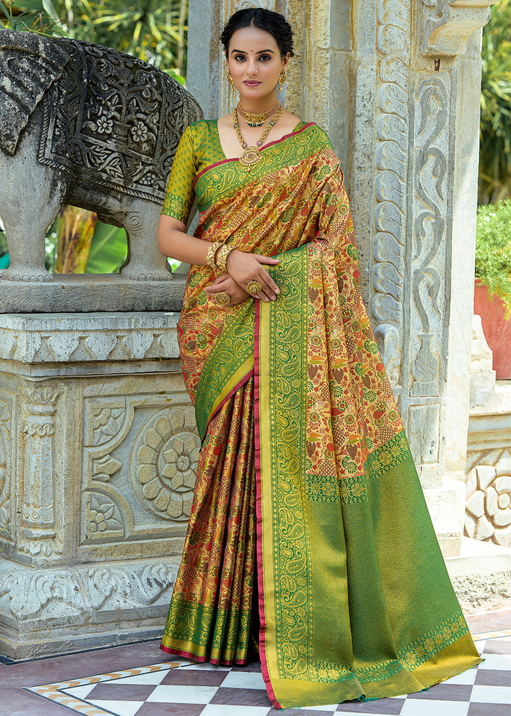 Green & Yellow Kanjivaram Silk Saree Featuring All-Over Zari Weaving