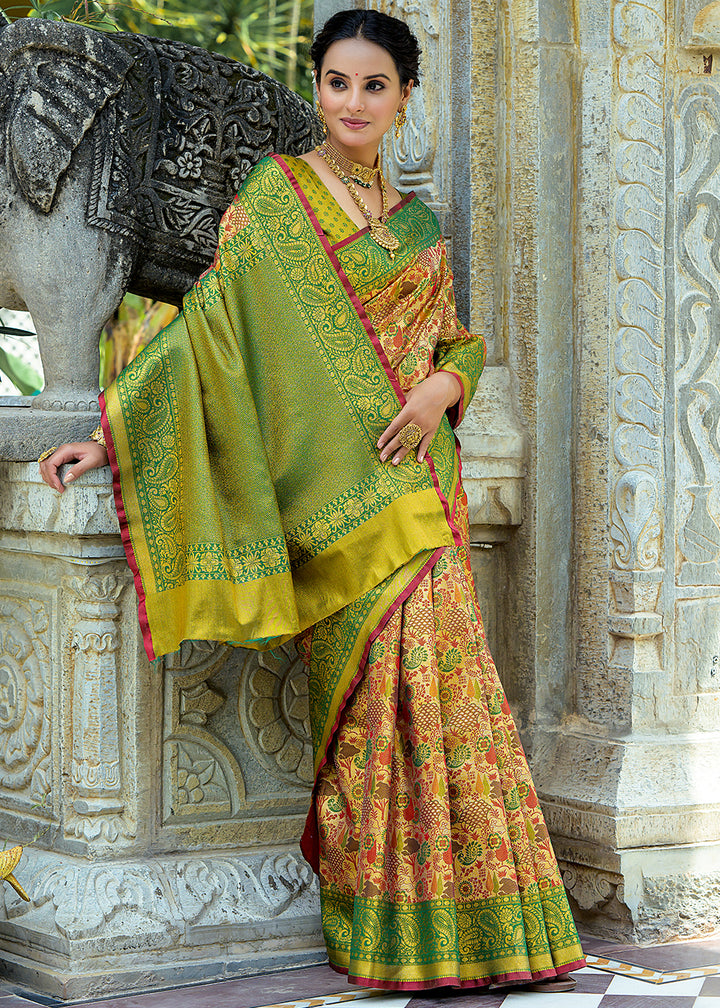 Green & Yellow Kanjivaram Silk Saree Featuring All-Over Zari Weaving