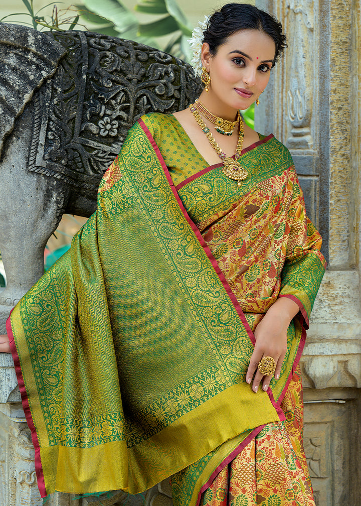 Green & Yellow Kanjivaram Silk Saree Featuring All-Over Zari Weaving