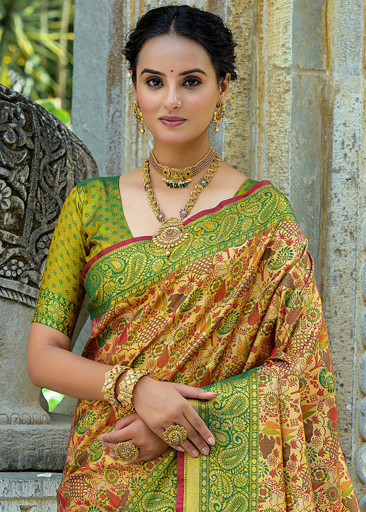 Green & Yellow Kanjivaram Silk Saree Featuring All-Over Zari Weaving