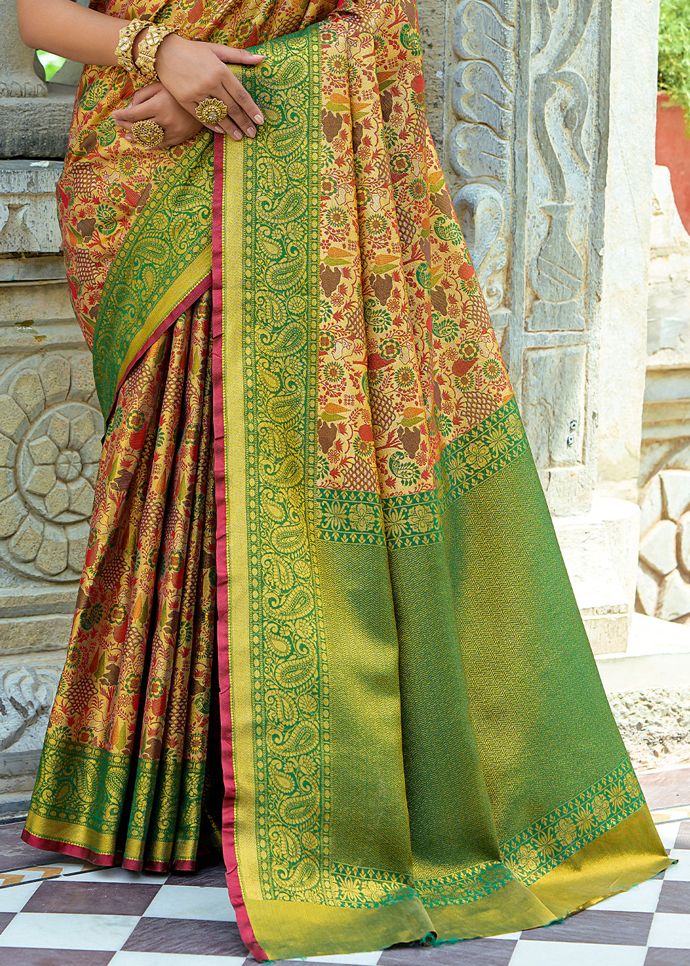 Green & Yellow Kanjivaram Silk Saree Featuring All-Over Zari Weaving