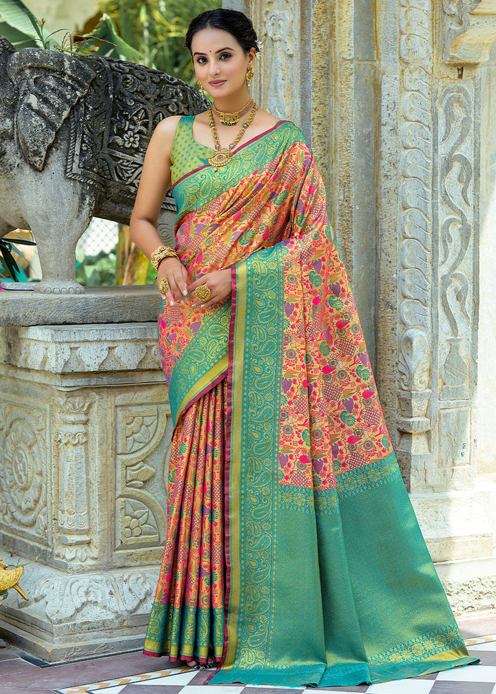 Pink & Blue Kanjivaram Silk Saree Featuring All-Over Zari Weaving