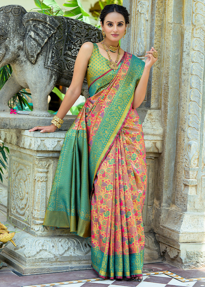 Pink & Blue Kanjivaram Silk Saree Featuring All-Over Zari Weaving