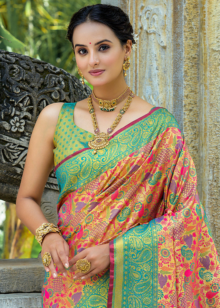 Pink & Blue Kanjivaram Silk Saree Featuring All-Over Zari Weaving