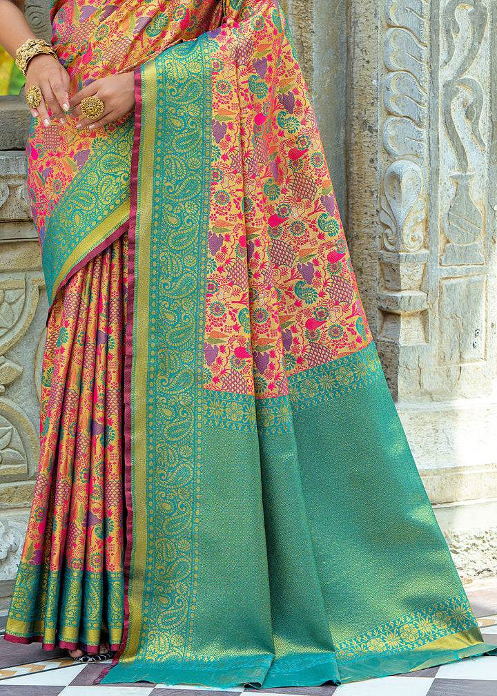 Pink & Blue Kanjivaram Silk Saree Featuring All-Over Zari Weaving