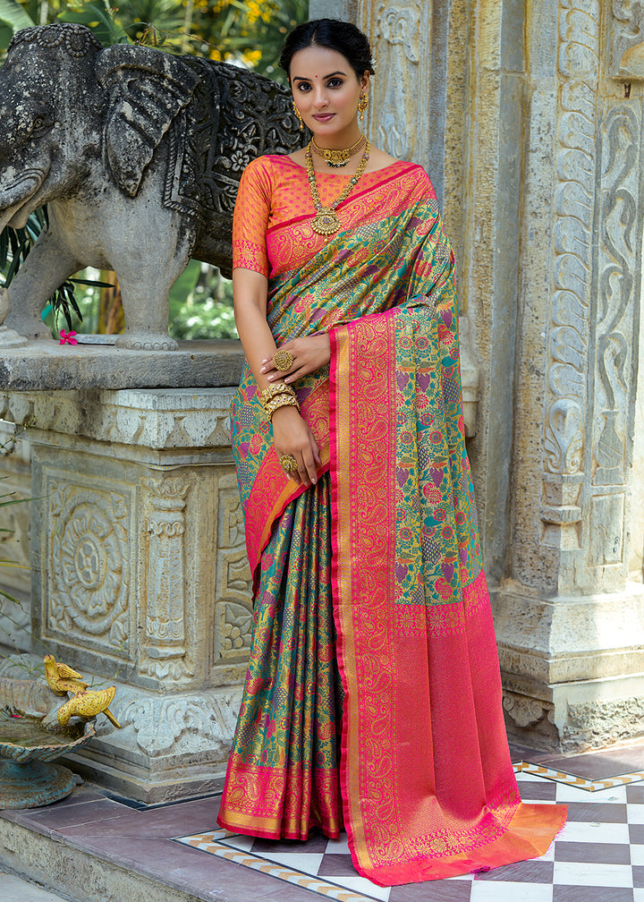 Pink & Green Kanjivaram Silk Saree Featuring All-Over Zari Weaving