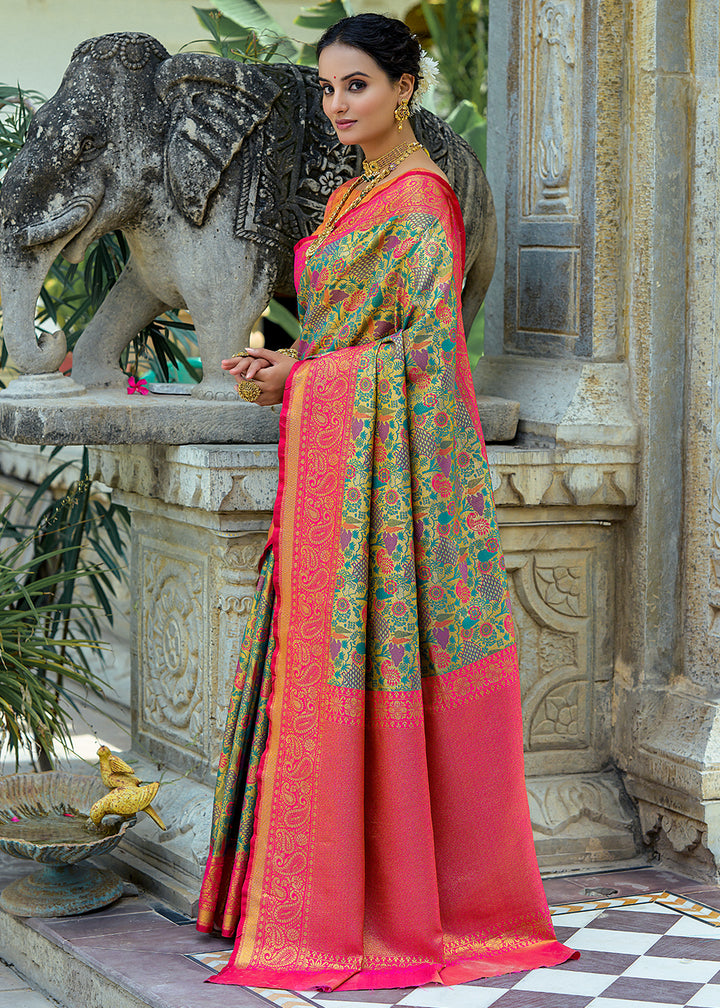 Pink & Green Kanjivaram Silk Saree Featuring All-Over Zari Weaving