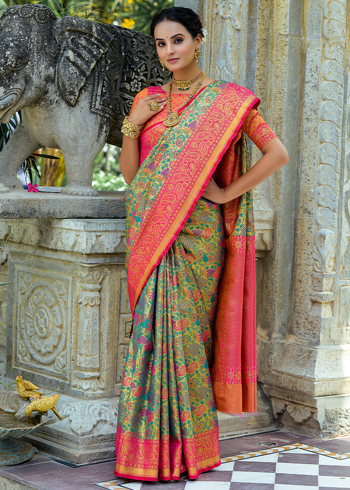 Pink & Green Kanjivaram Silk Saree Featuring All-Over Zari Weaving