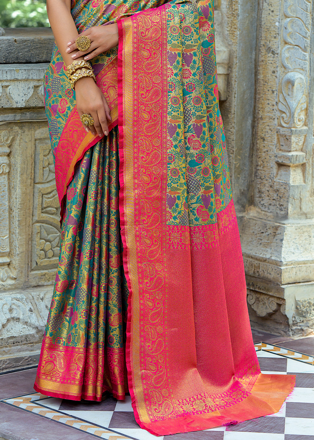 Pink & Green Kanjivaram Silk Saree Featuring All-Over Zari Weaving