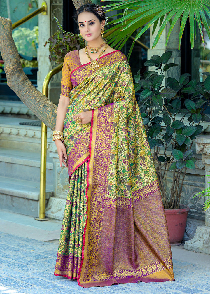 Green & Purple Kanjivaram Silk Saree Featuring All-Over Zari Weaving