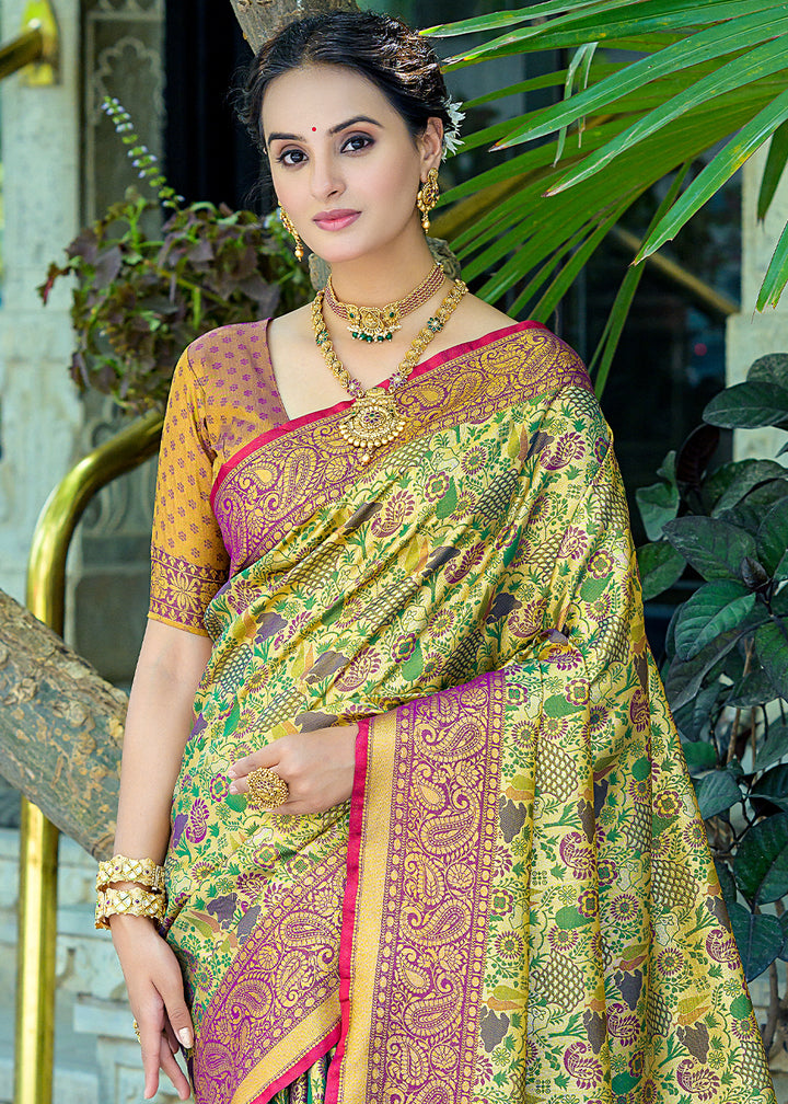 Green & Purple Kanjivaram Silk Saree Featuring All-Over Zari Weaving