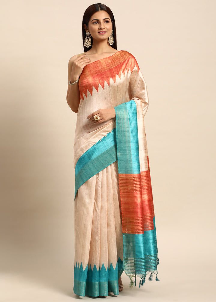 Cream White Tussar Silk Saree with Classic Temple Border Design