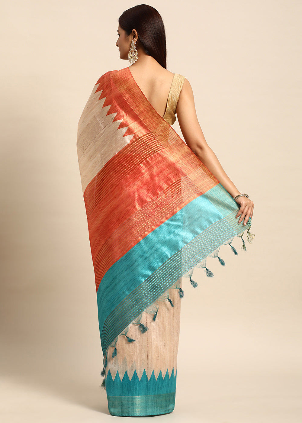 Cream White Tussar Silk Saree with Classic Temple Border Design