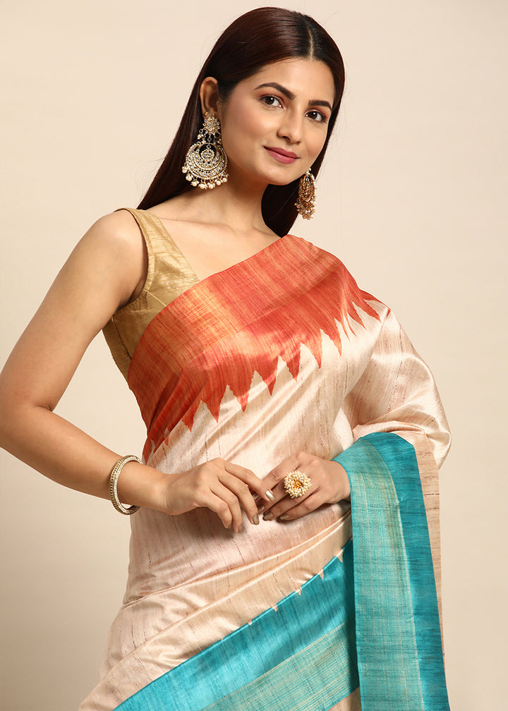 Cream White Tussar Silk Saree with Classic Temple Border Design