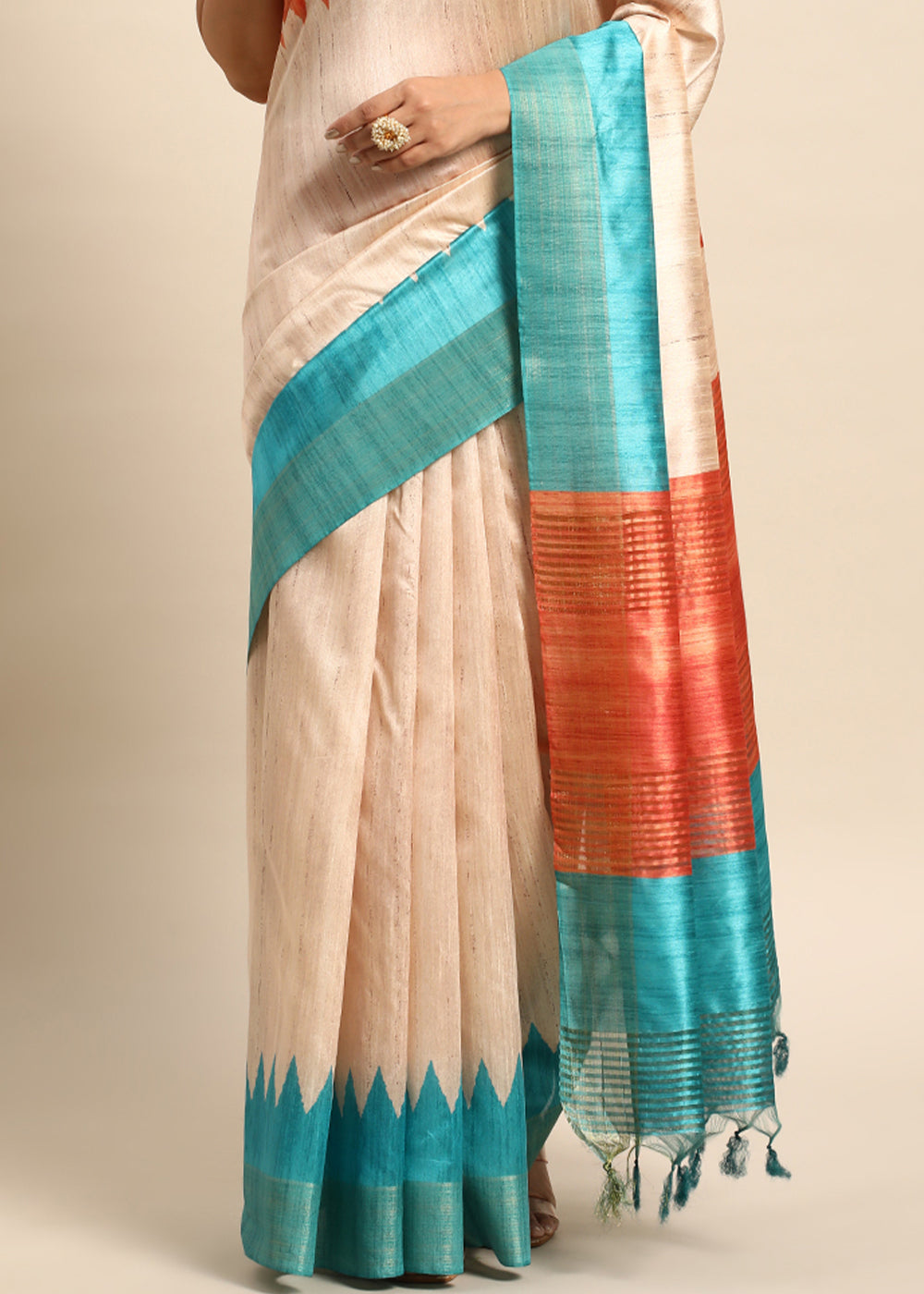 Cream White Tussar Silk Saree with Classic Temple Border Design