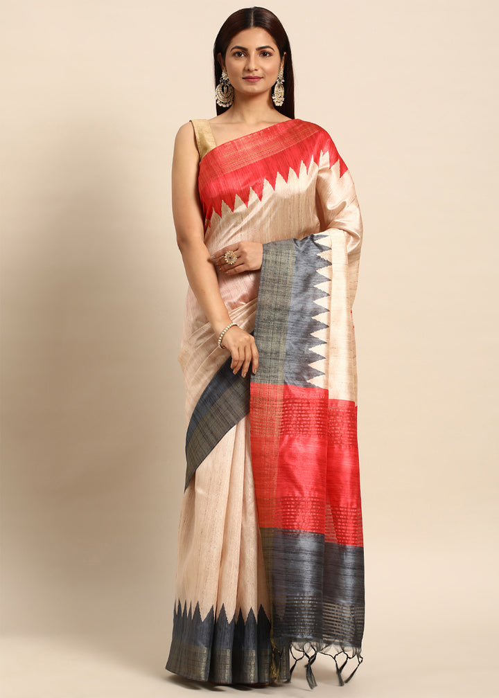 Cream White & Grey Tussar Silk Saree with Classic Temple Border Design