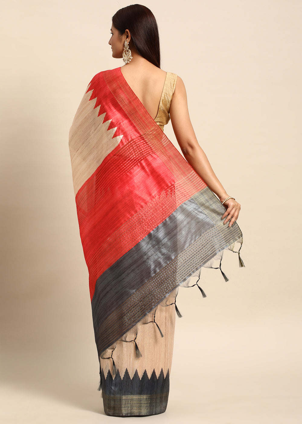 Cream White & Grey Tussar Silk Saree with Classic Temple Border Design