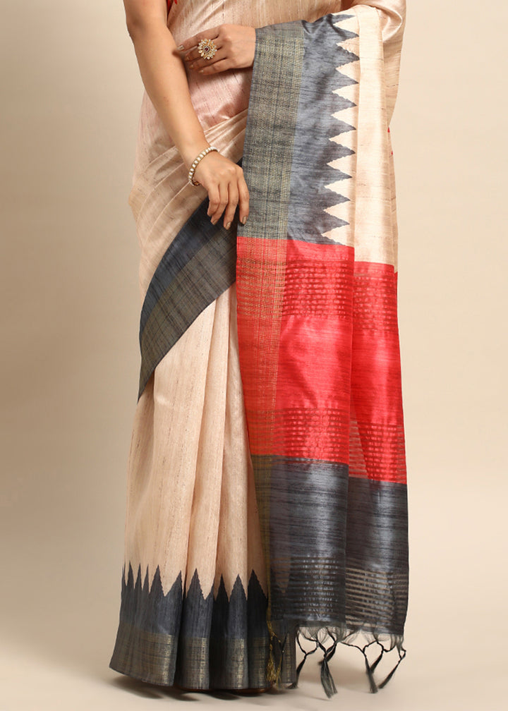 Cream White & Grey Tussar Silk Saree with Classic Temple Border Design