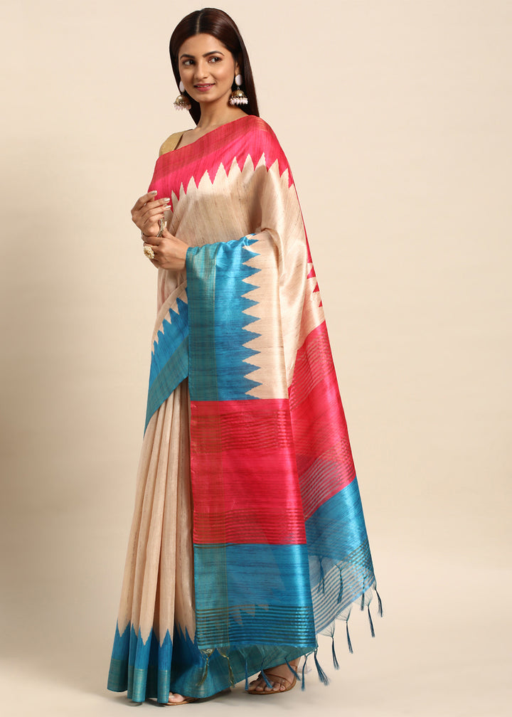 Cream White & Blue Tussar Silk Saree with Classic Temple Border Design