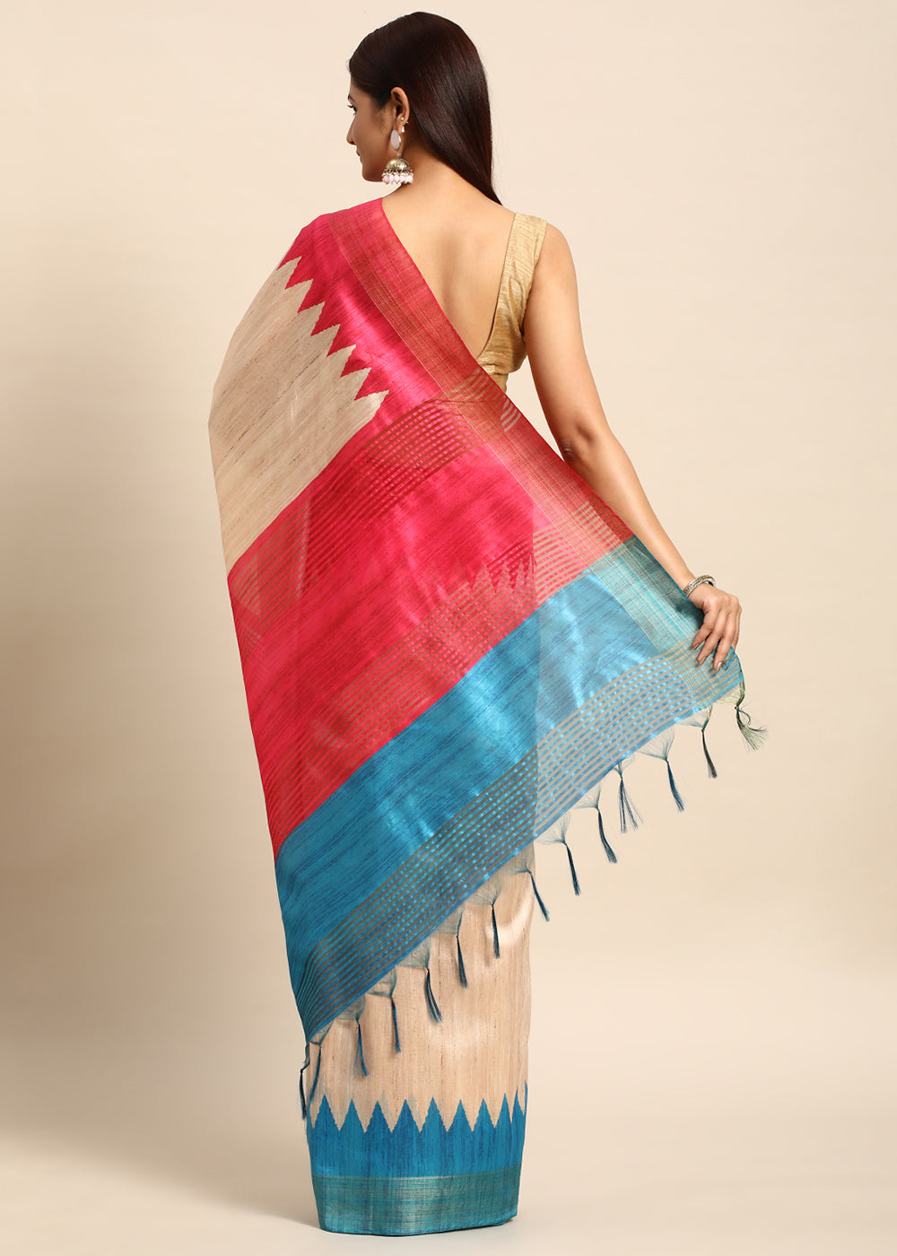 Cream White & Blue Tussar Silk Saree with Classic Temple Border Design