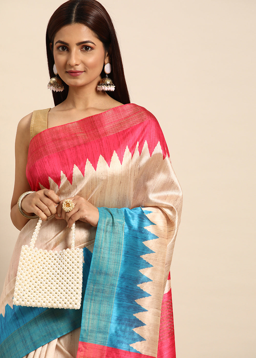 Cream White & Blue Tussar Silk Saree with Classic Temple Border Design