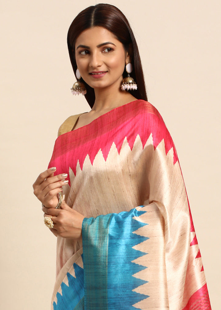 Cream White & Blue Tussar Silk Saree with Classic Temple Border Design