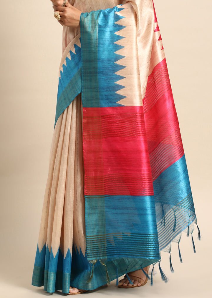 Cream White & Blue Tussar Silk Saree with Classic Temple Border Design