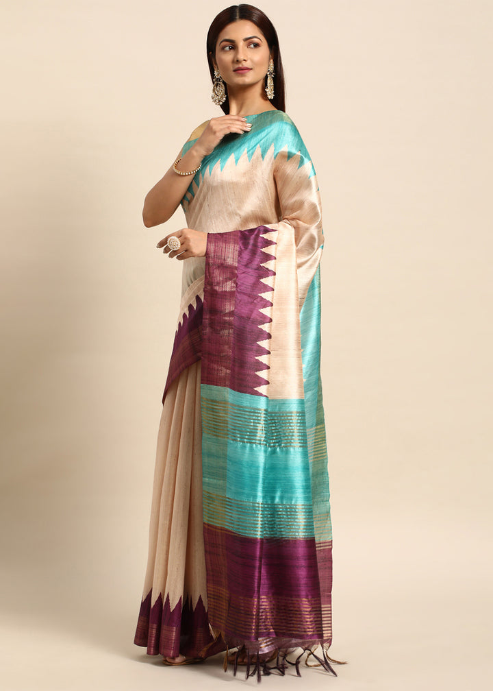 Cream White & Purple Tussar Silk Saree with Classic Temple Border Design