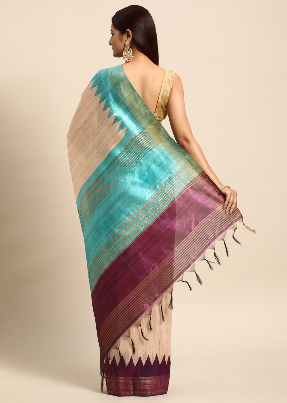 Cream White & Purple Tussar Silk Saree with Classic Temple Border Design