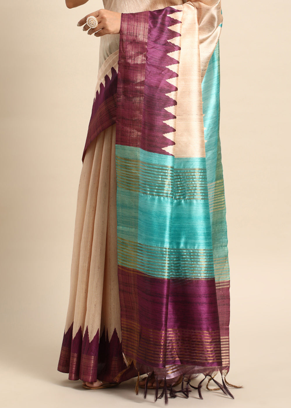 Cream White & Purple Tussar Silk Saree with Classic Temple Border Design