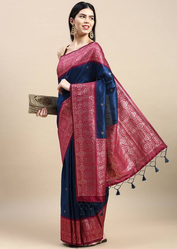 Indigo Blue Banarasi Silk Saree with Contrast Zari Accents on Border