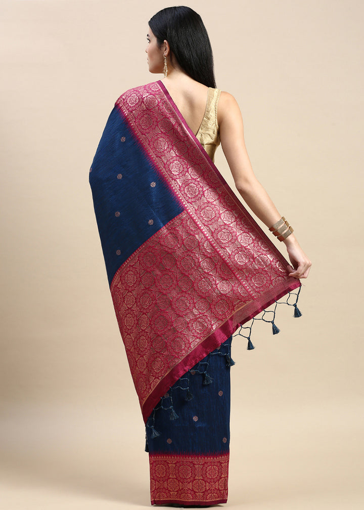 Indigo Blue Banarasi Silk Saree with Contrast Zari Accents on Border