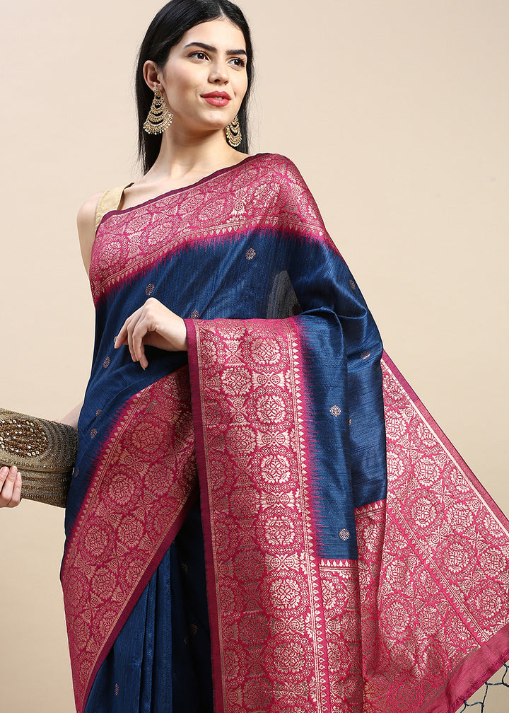 Indigo Blue Banarasi Silk Saree with Contrast Zari Accents on Border