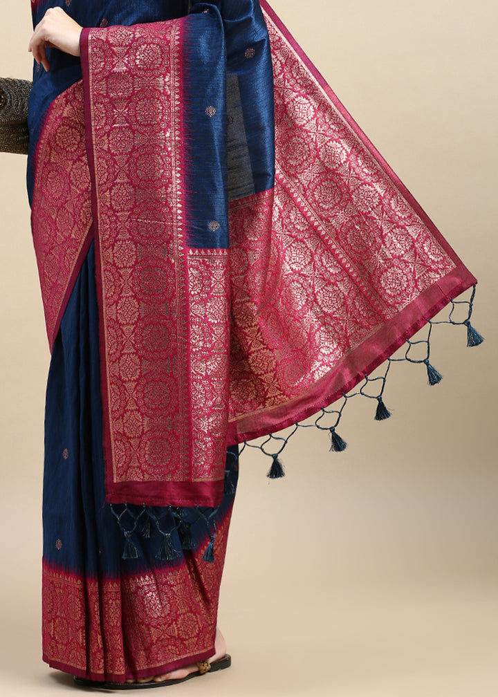 Indigo Blue Banarasi Silk Saree with Contrast Zari Accents on Border