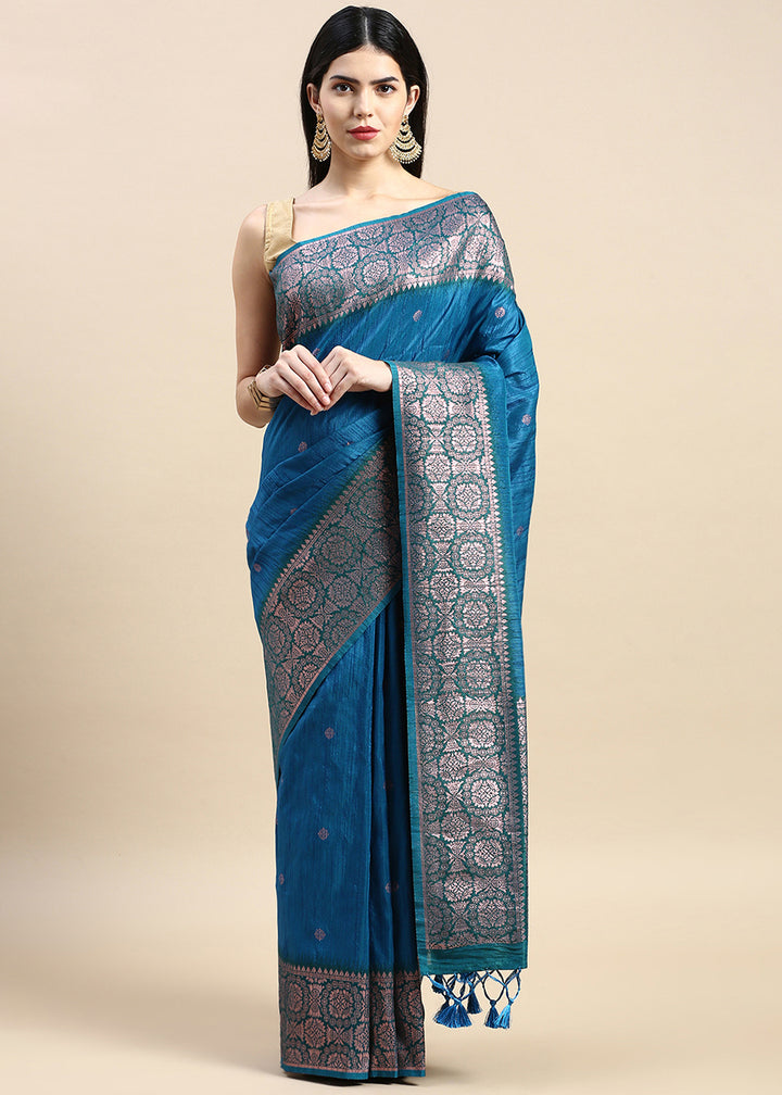 Azure Blue Banarasi Silk Saree with Contrast Zari Accents on Border