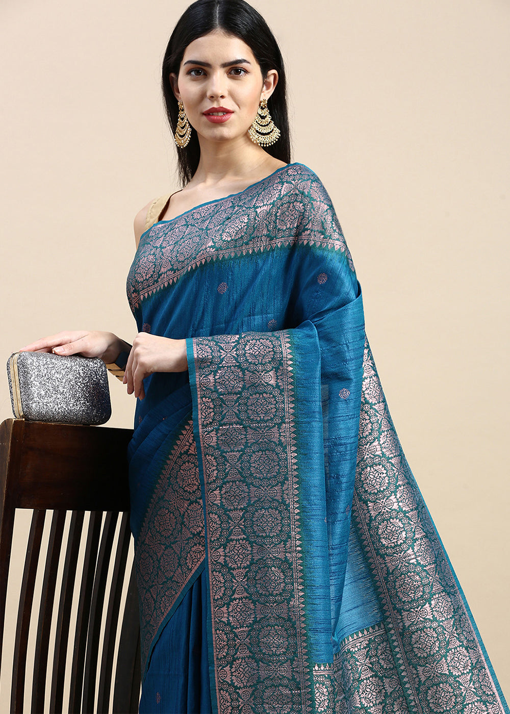 Azure Blue Banarasi Silk Saree with Contrast Zari Accents on Border