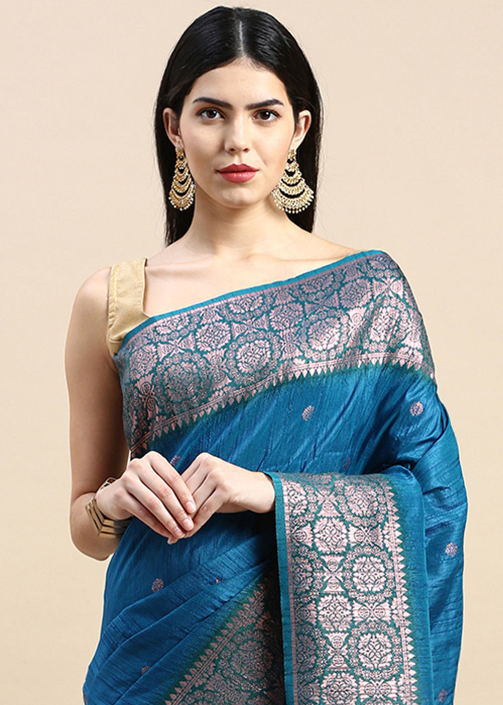 Azure Blue Banarasi Silk Saree with Contrast Zari Accents on Border