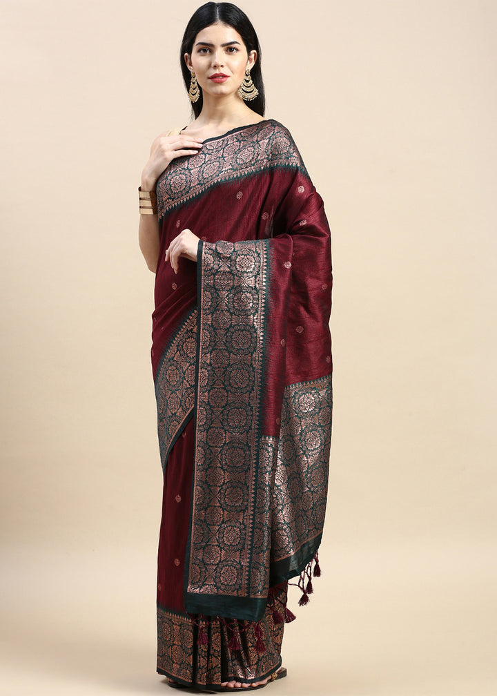 Maroon Red Banarasi Silk Saree with Contrast Zari Accents on Border