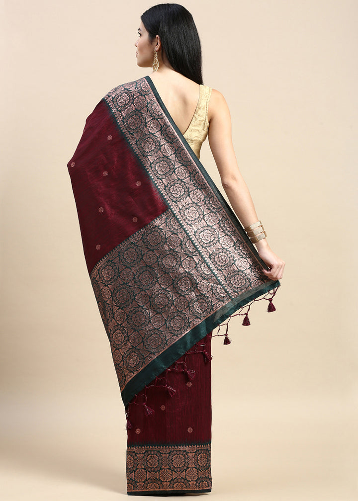 Maroon Red Banarasi Silk Saree with Contrast Zari Accents on Border