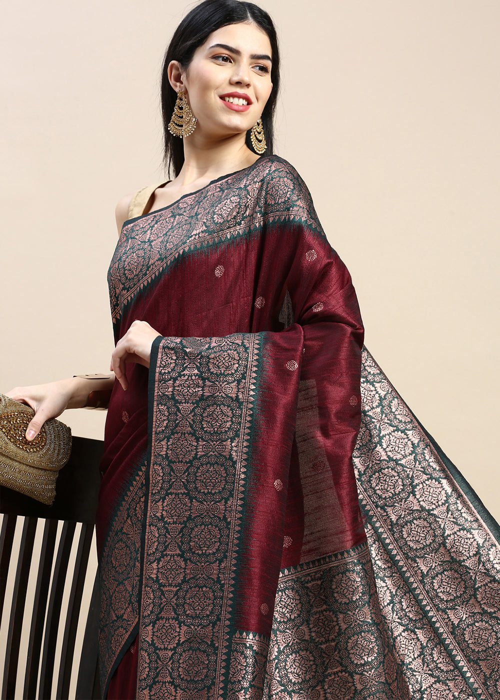 Maroon Red Banarasi Silk Saree with Contrast Zari Accents on Border