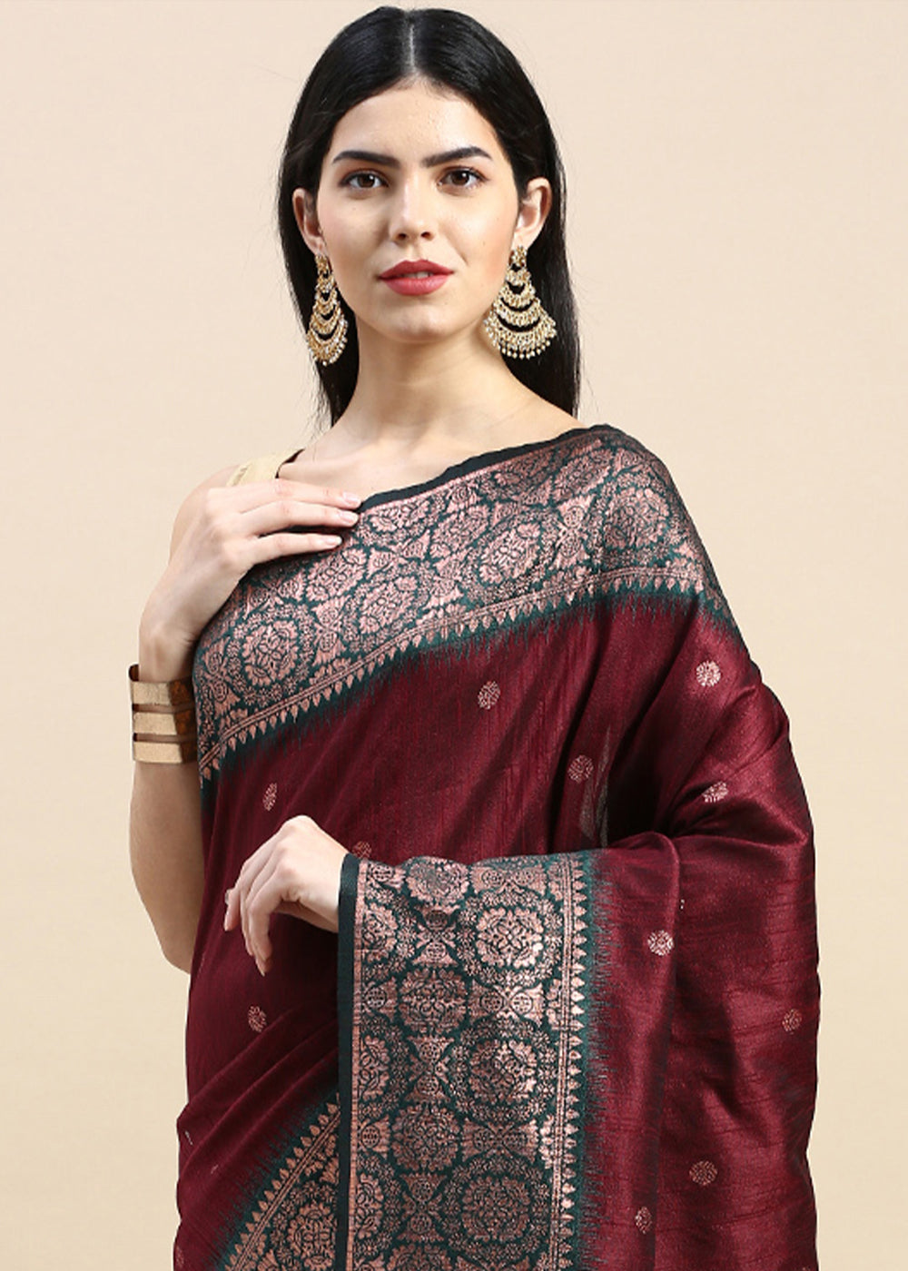 Maroon Red Banarasi Silk Saree with Contrast Zari Accents on Border