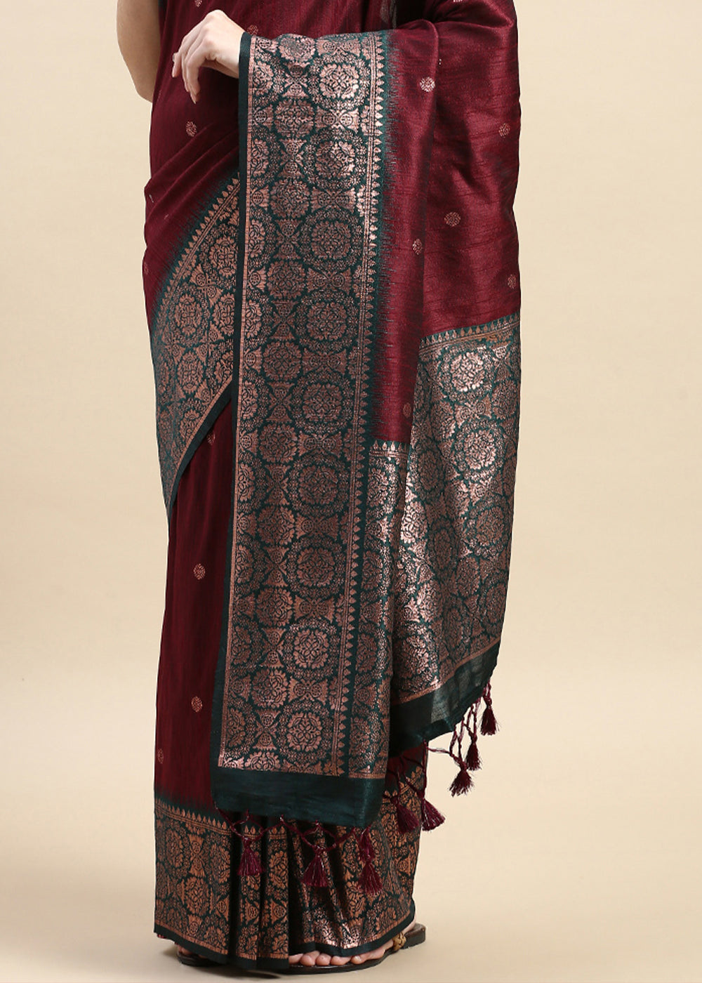 Maroon Red Banarasi Silk Saree with Contrast Zari Accents on Border