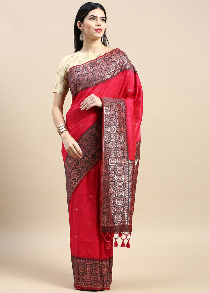 Crayola Red Pink Banarasi Silk Saree with Contrast Zari Accents on Border