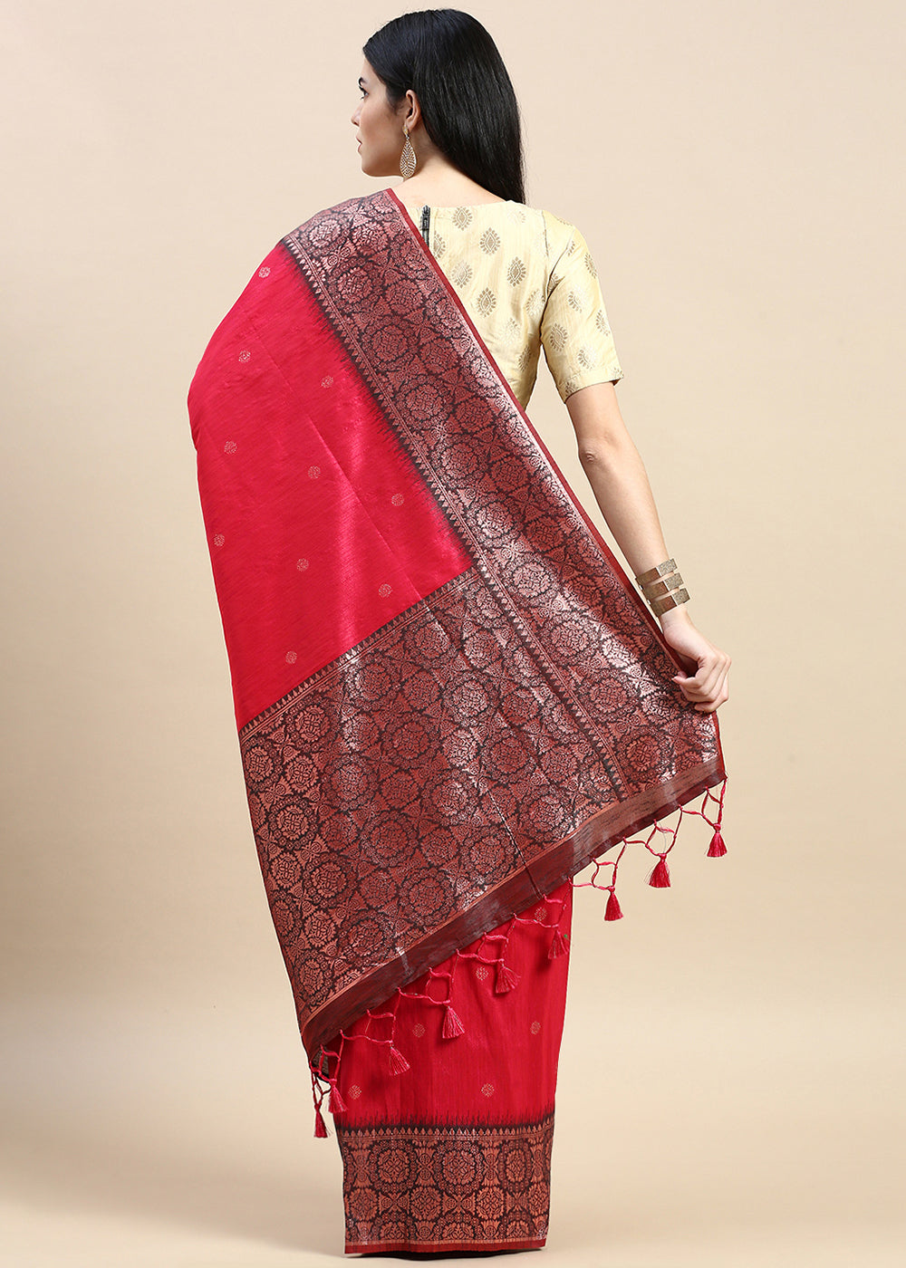 Crayola Red Pink Banarasi Silk Saree with Contrast Zari Accents on Border